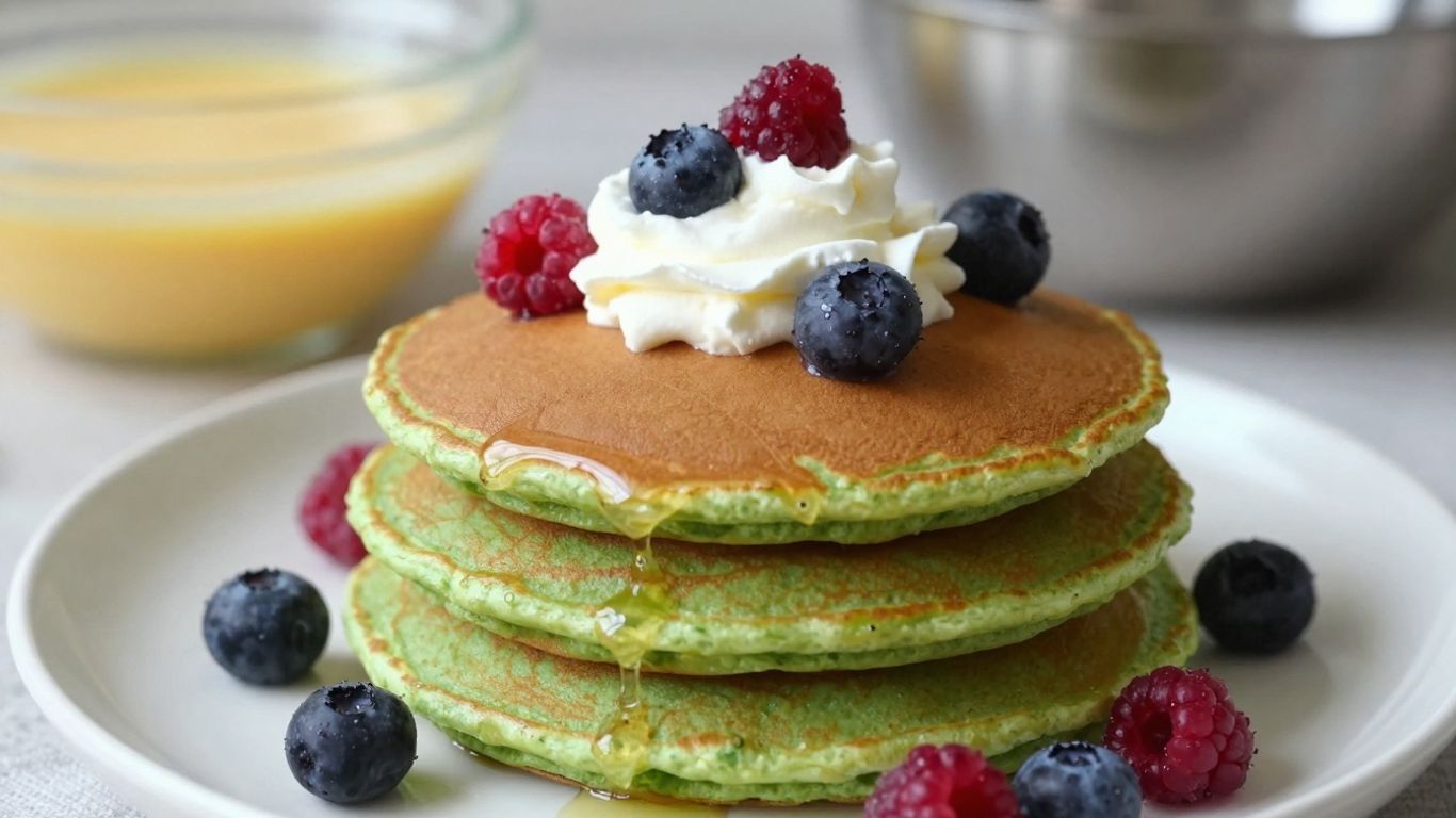 Stack of delicious green pancakes with berries and cream.