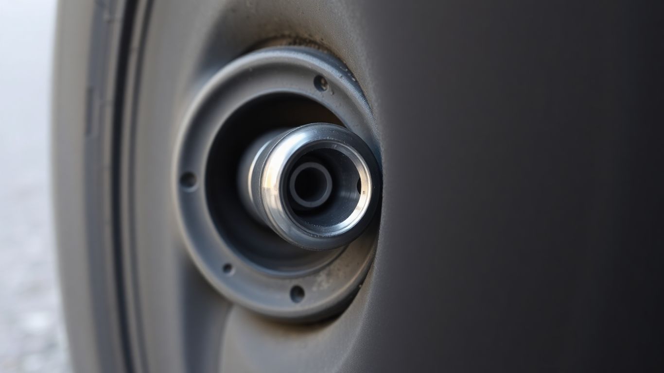 Bare car tire valve stem, missing its cap.