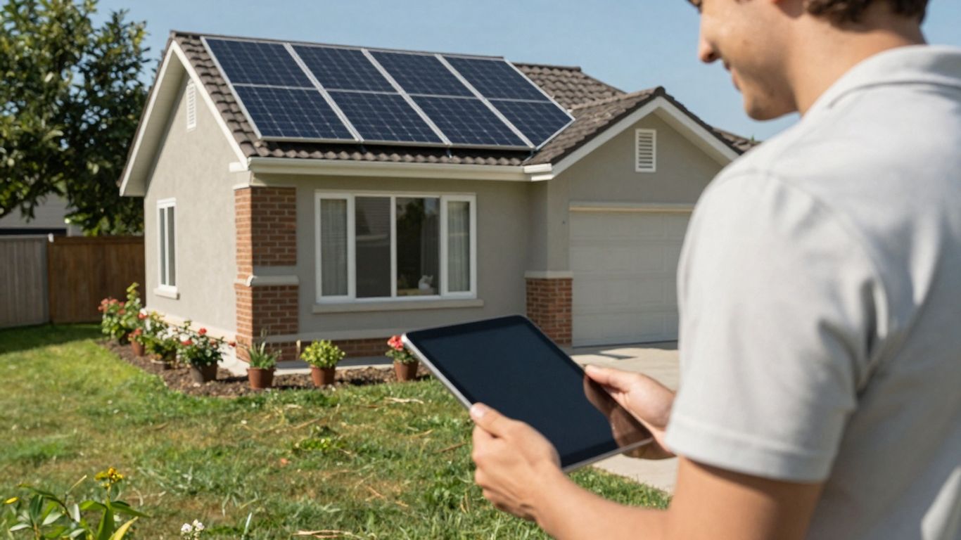 Home With Solar Panels And Happy Homeowner.