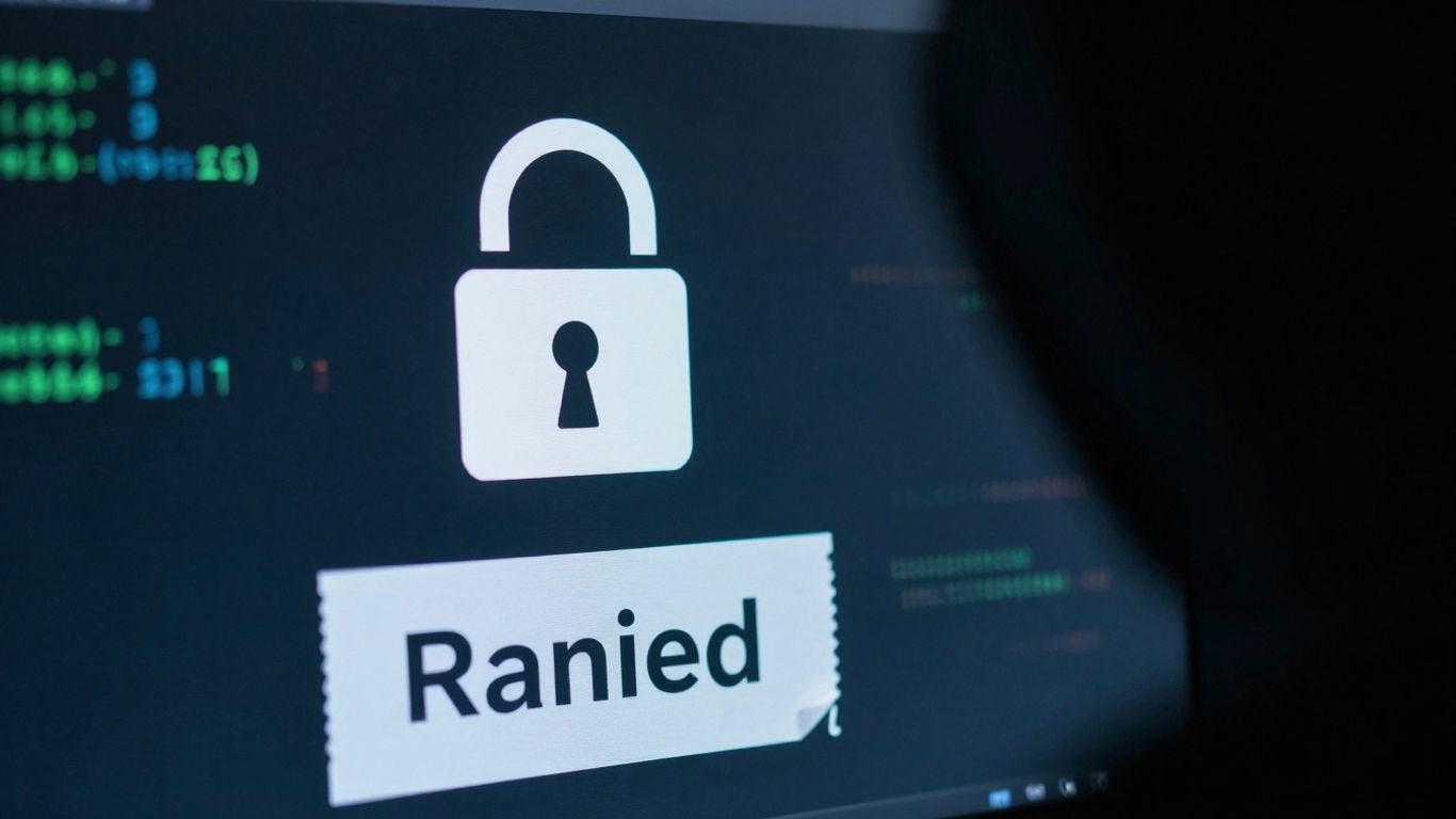 Computer screen locked by ransomware with a shadowy figure.