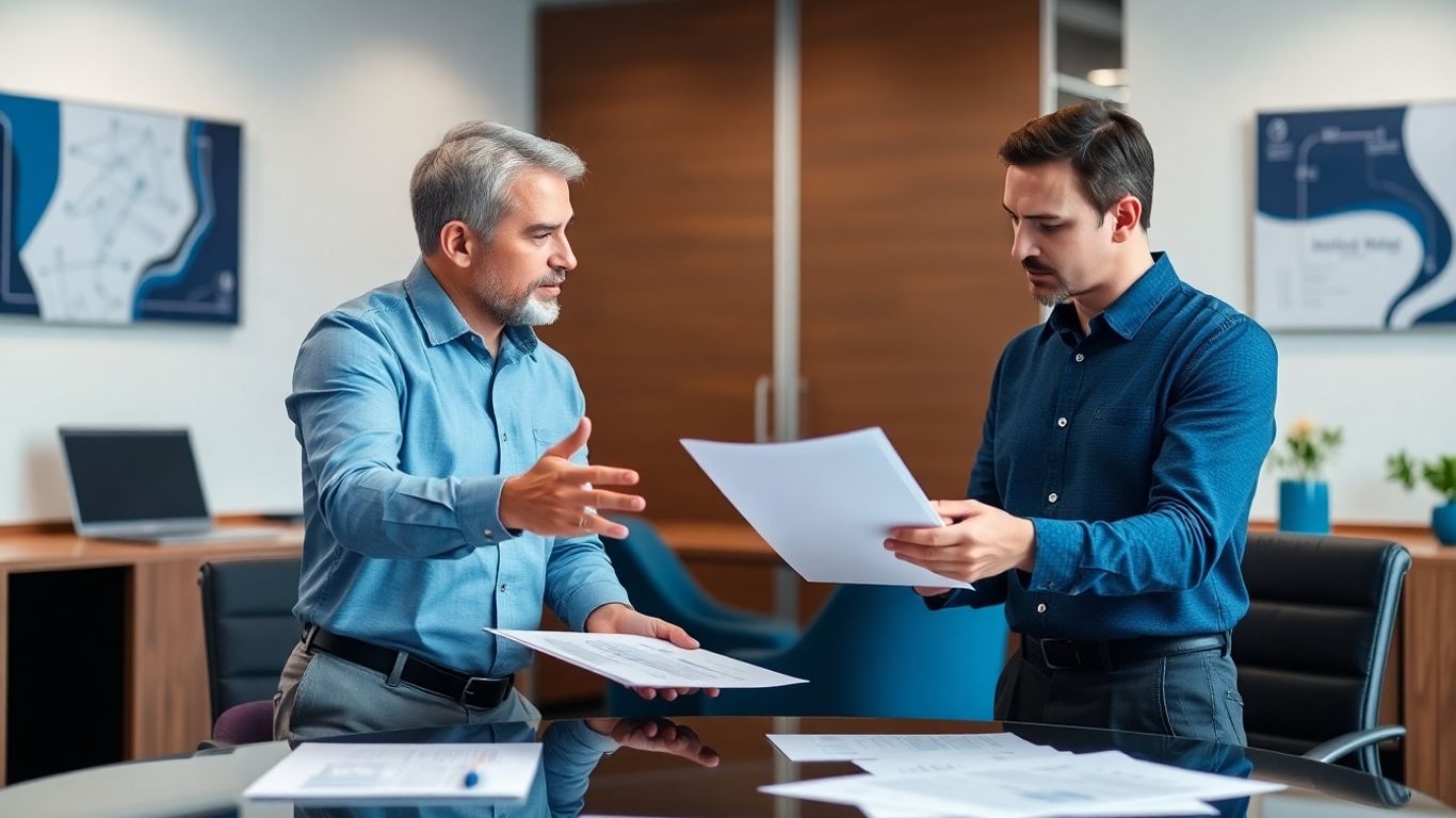 Zwei Personen besprechen Dokumente in einem Büro mit blauen Akzenten.