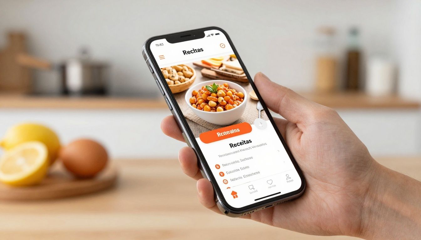 Capa com smartphone aberto em aplicativo de receitas, ingredientes frescos e fundo de cozinha moderna