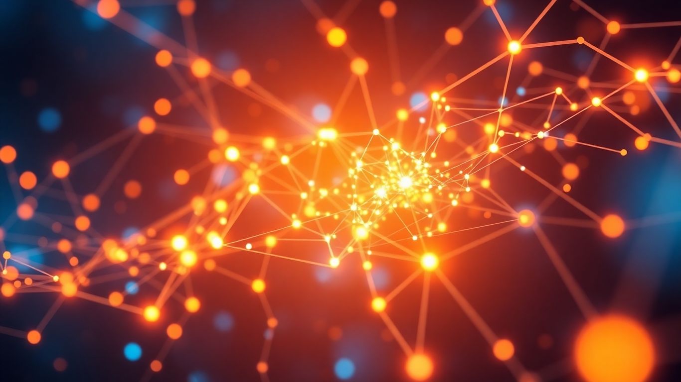 Interconnected digital nodes and data flow in a blockchain.