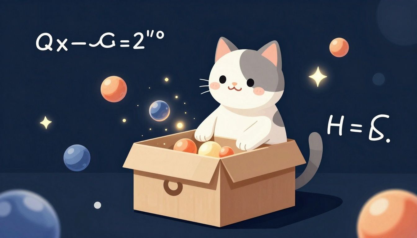 Ilustração criativa de um gato em uma caixa, com elementos que representam a física quântica ao redor, como equações e partículas brilhantes