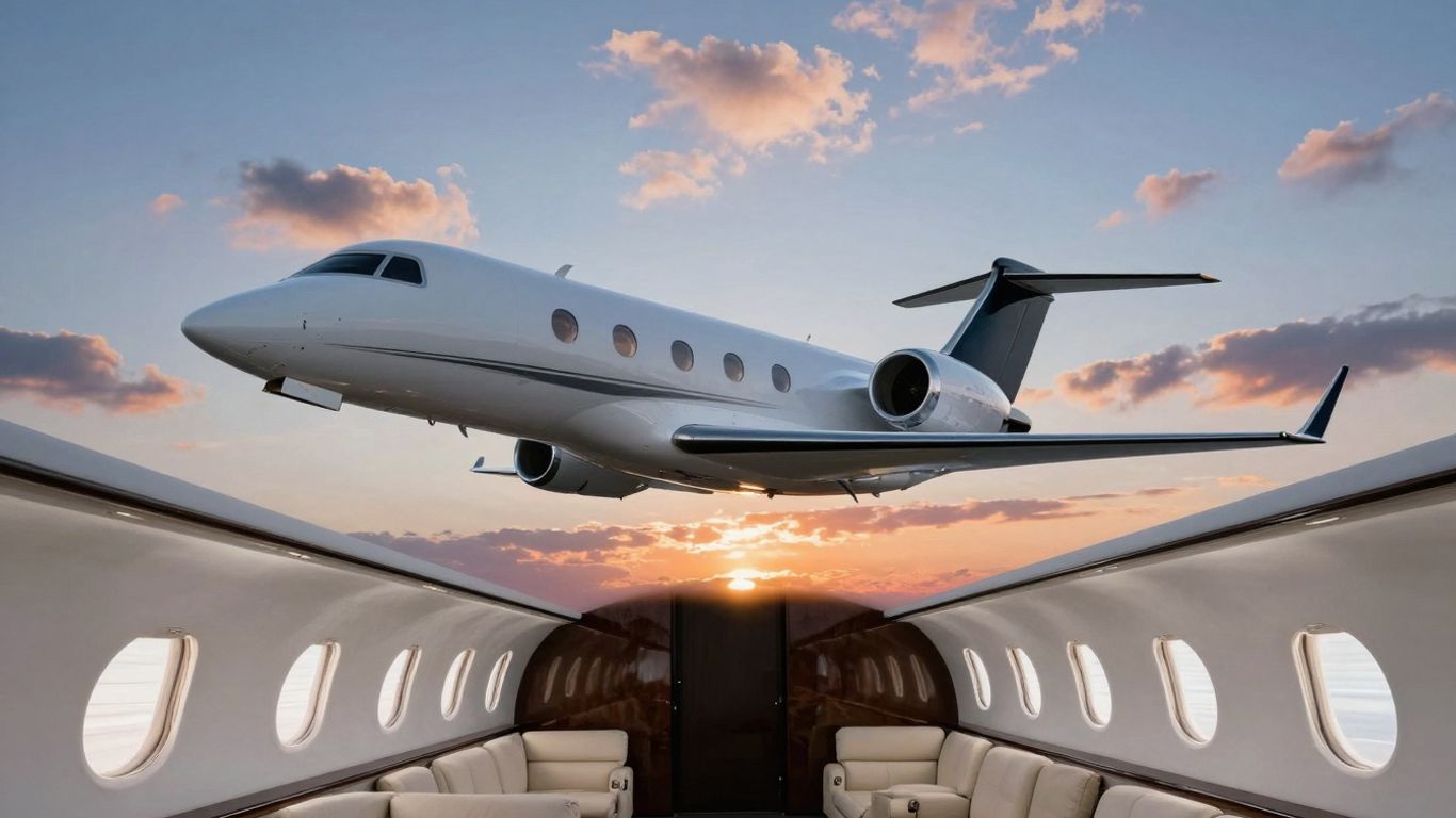 Private jet flying at sunset, empty cabin visible.