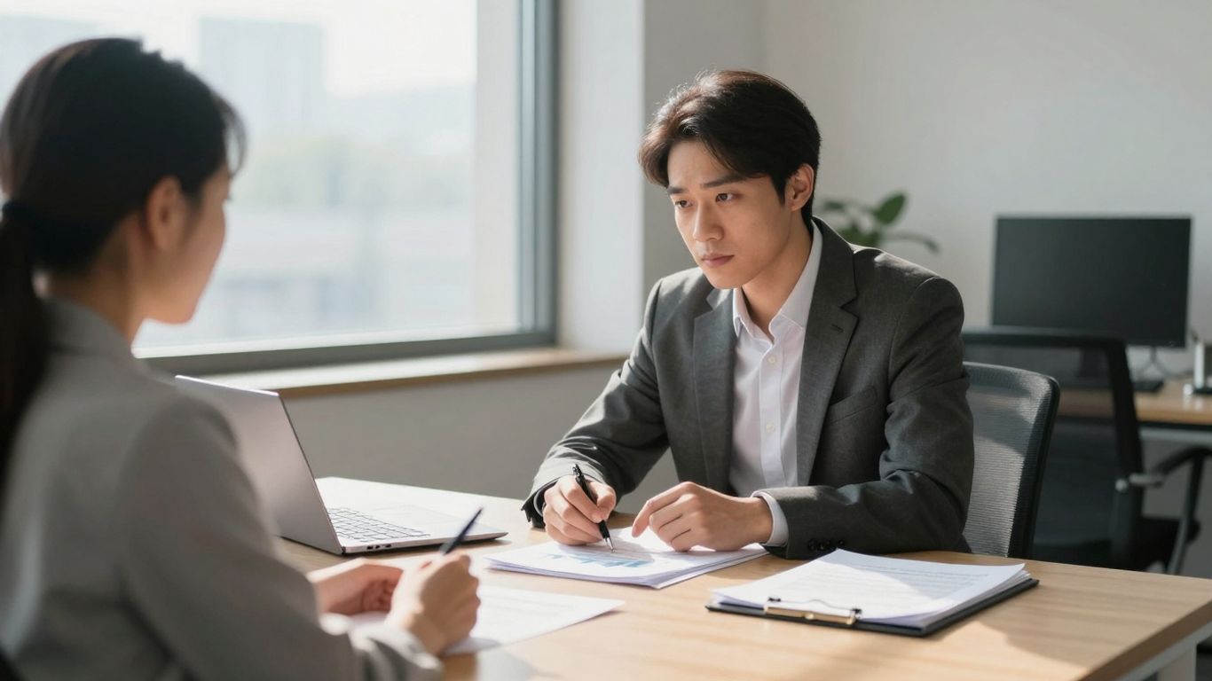 Consultant and client discussing pension plans in an office.