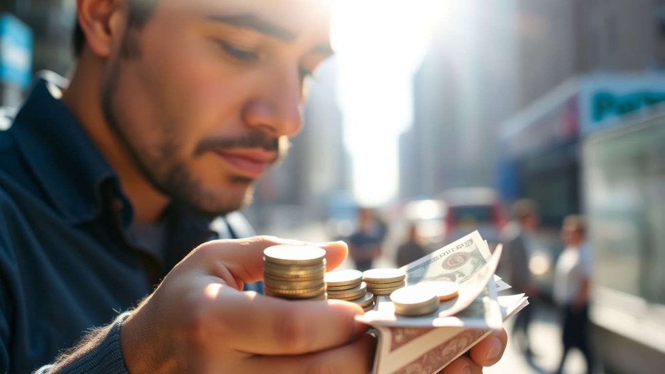 Person looking at money and city background.