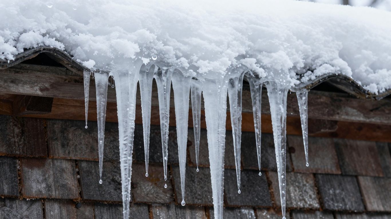 Icicles hanging from a snow-covered roof edge.