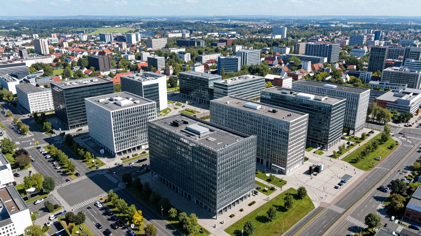 Luftaufnahme des Rhein-Ruhr Zentrums mit umliegenden Grünflächen.