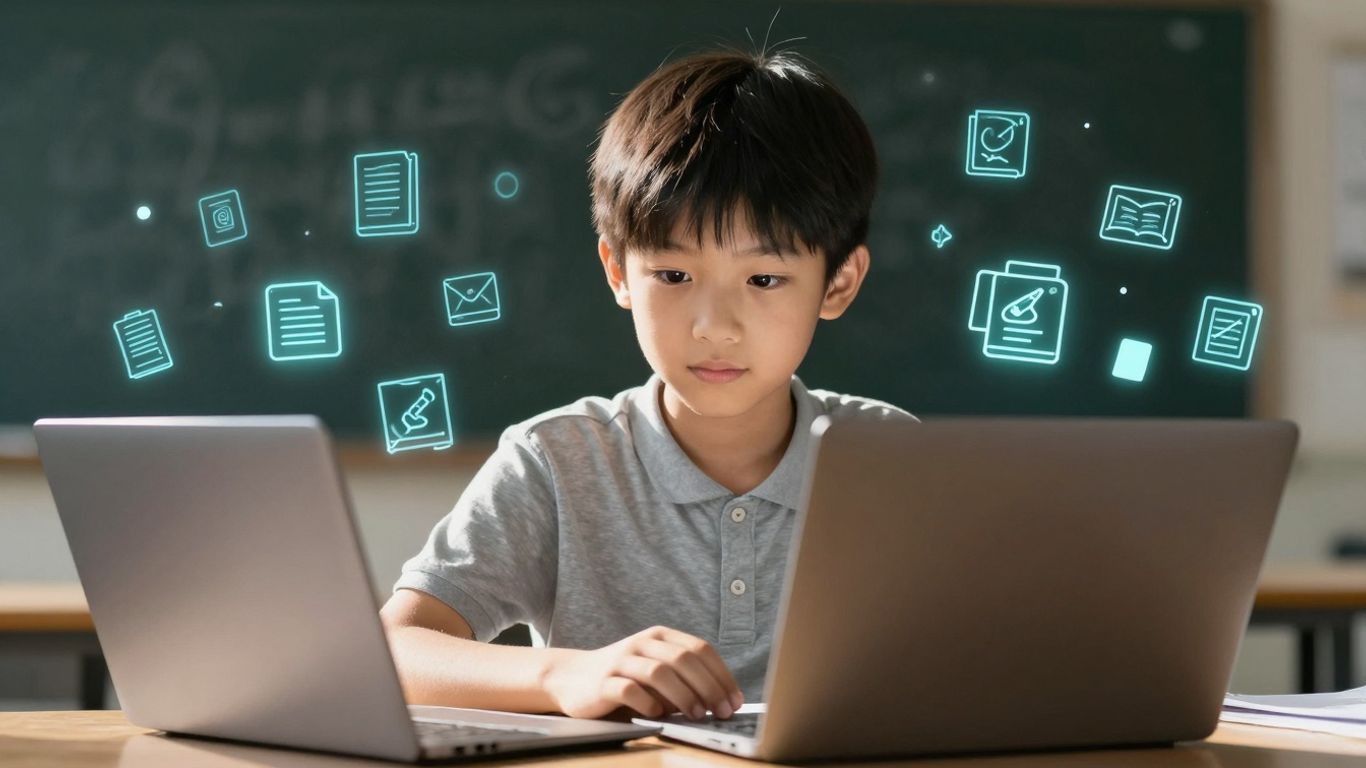 Student learning independently with technology.