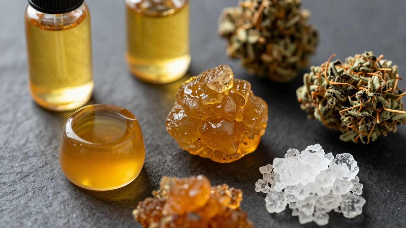 Assortment of cannabis concentrates: amber oil, wax, and shatter.