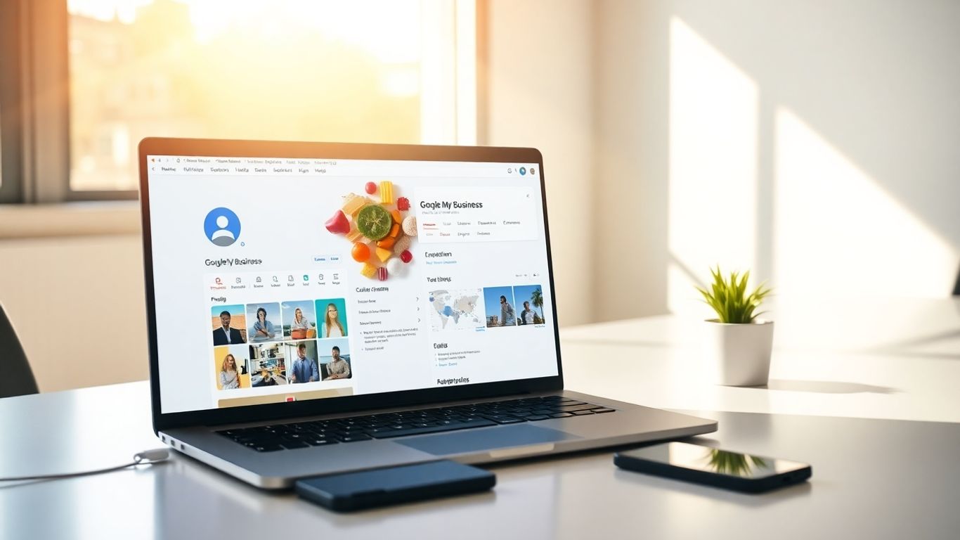 Laptop showing Google My Business profile in a bright office.