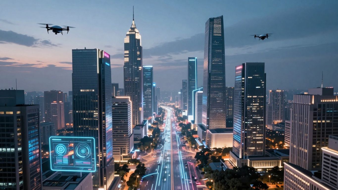 Futuristic cityscape with digital pathways and drones.