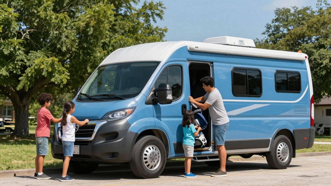 Family loading luggage into a blue RV at a campsite.
