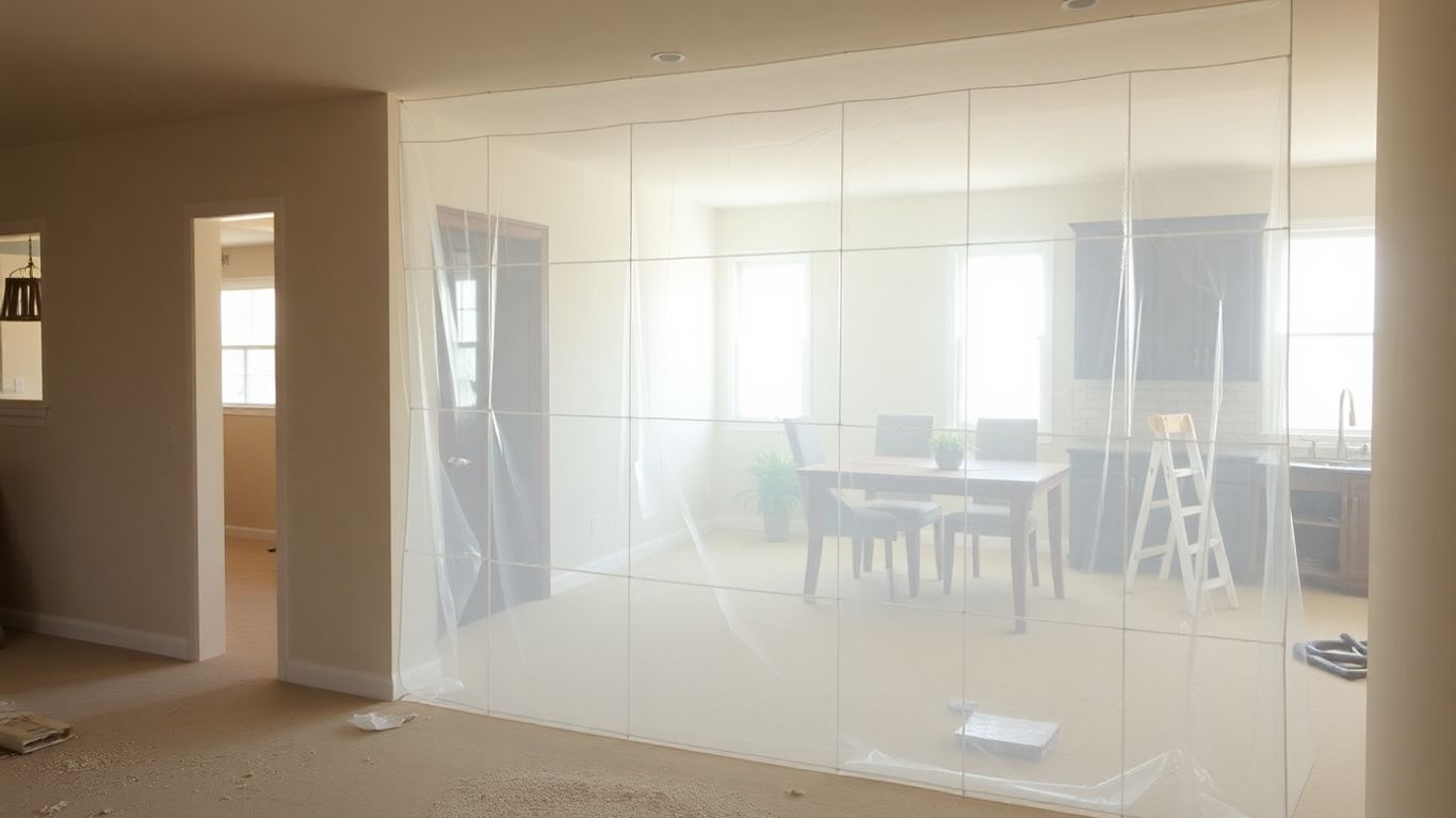 Plastic sheeting sealing off remodeling areas.