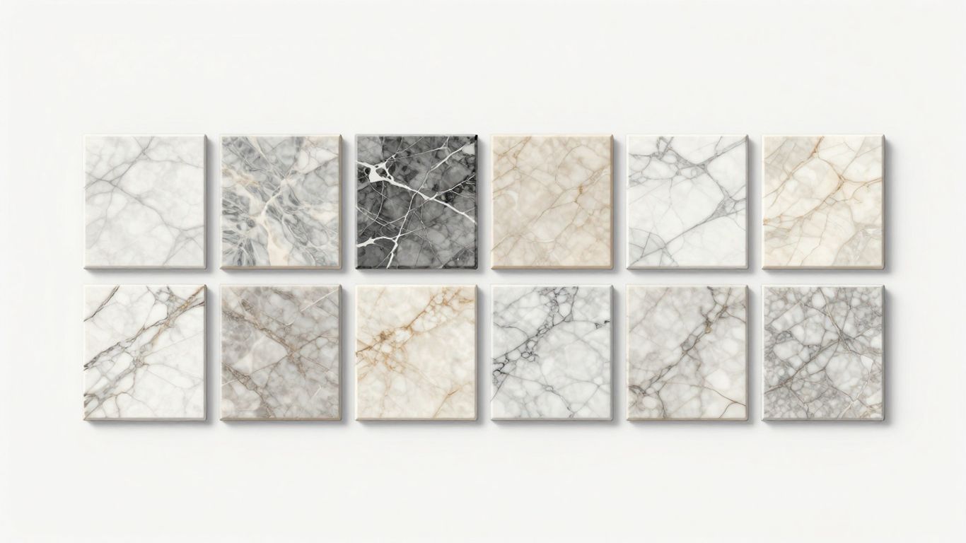 Marble tiles in various patterns and colors.