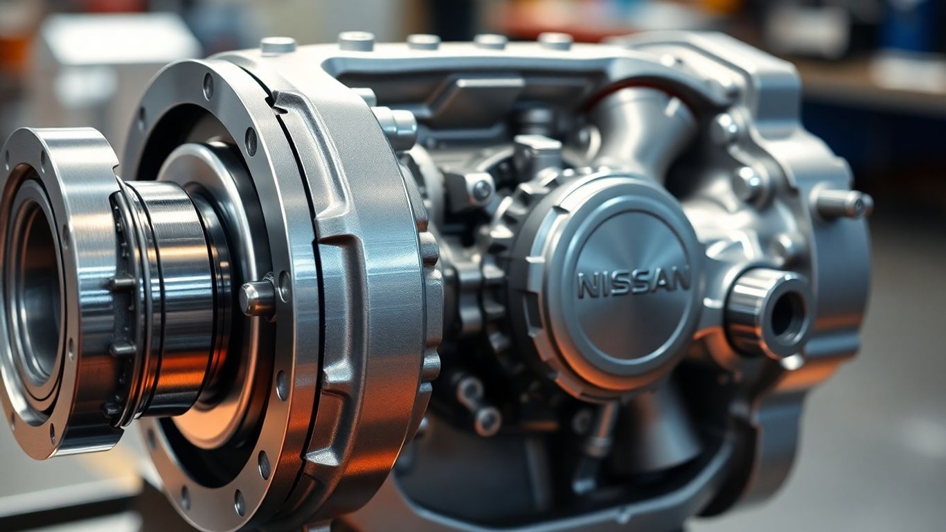 Nissan gearbox close-up, showcasing mechanical detail.