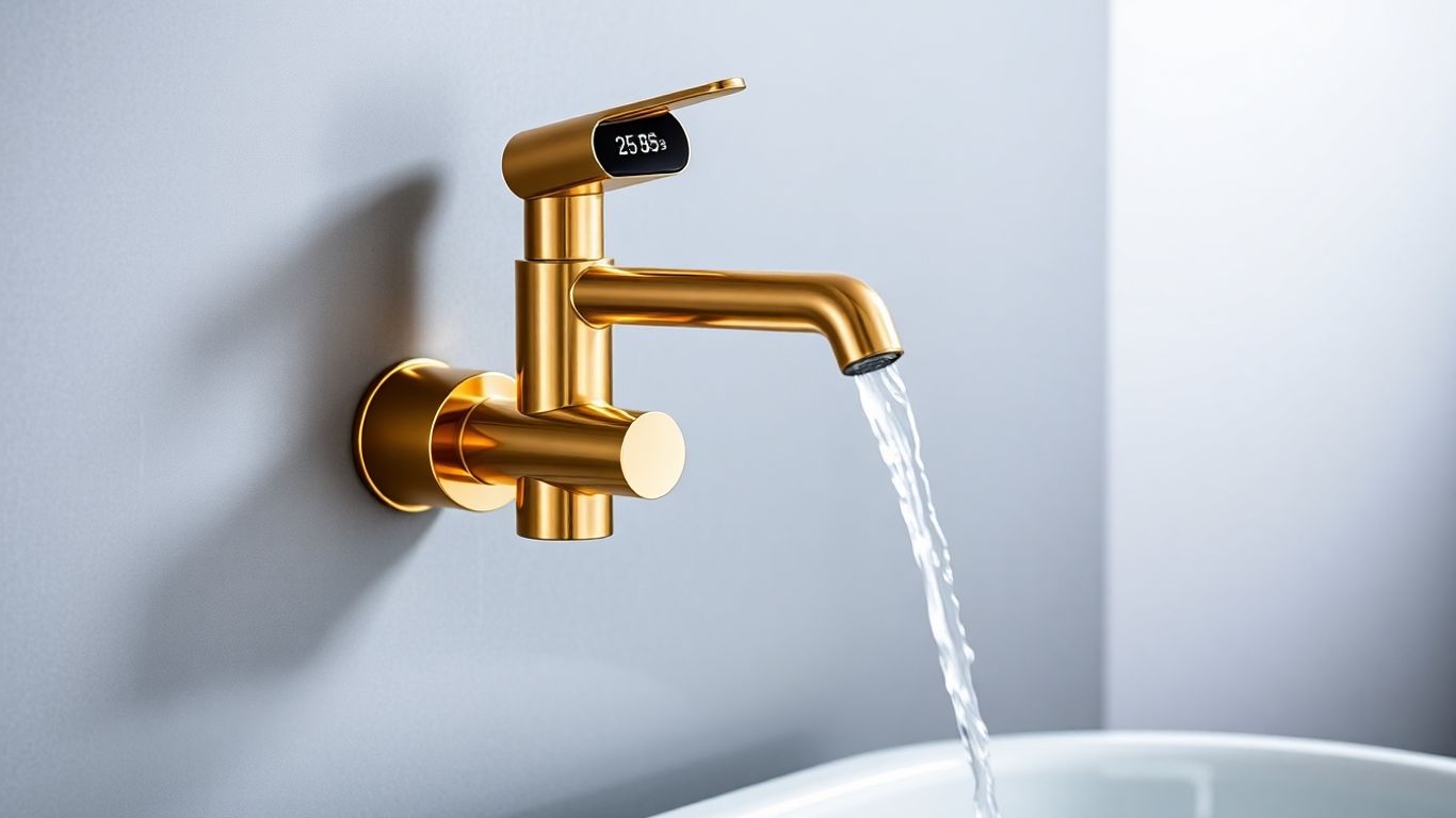 Gold brass wall-mounted faucet with digital display.