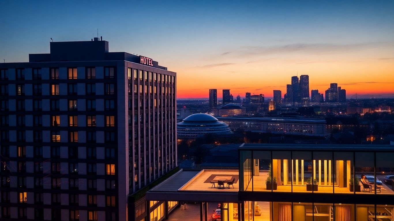 Melia Hotel Frankfurt mit Skyline-Blick bei Nacht.