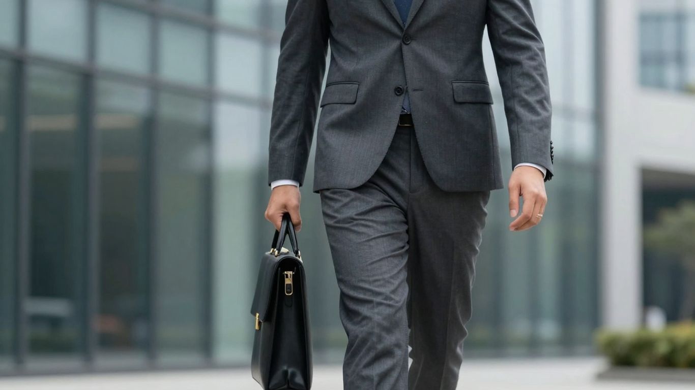 Man in suit with briefcase, ready for job interview.