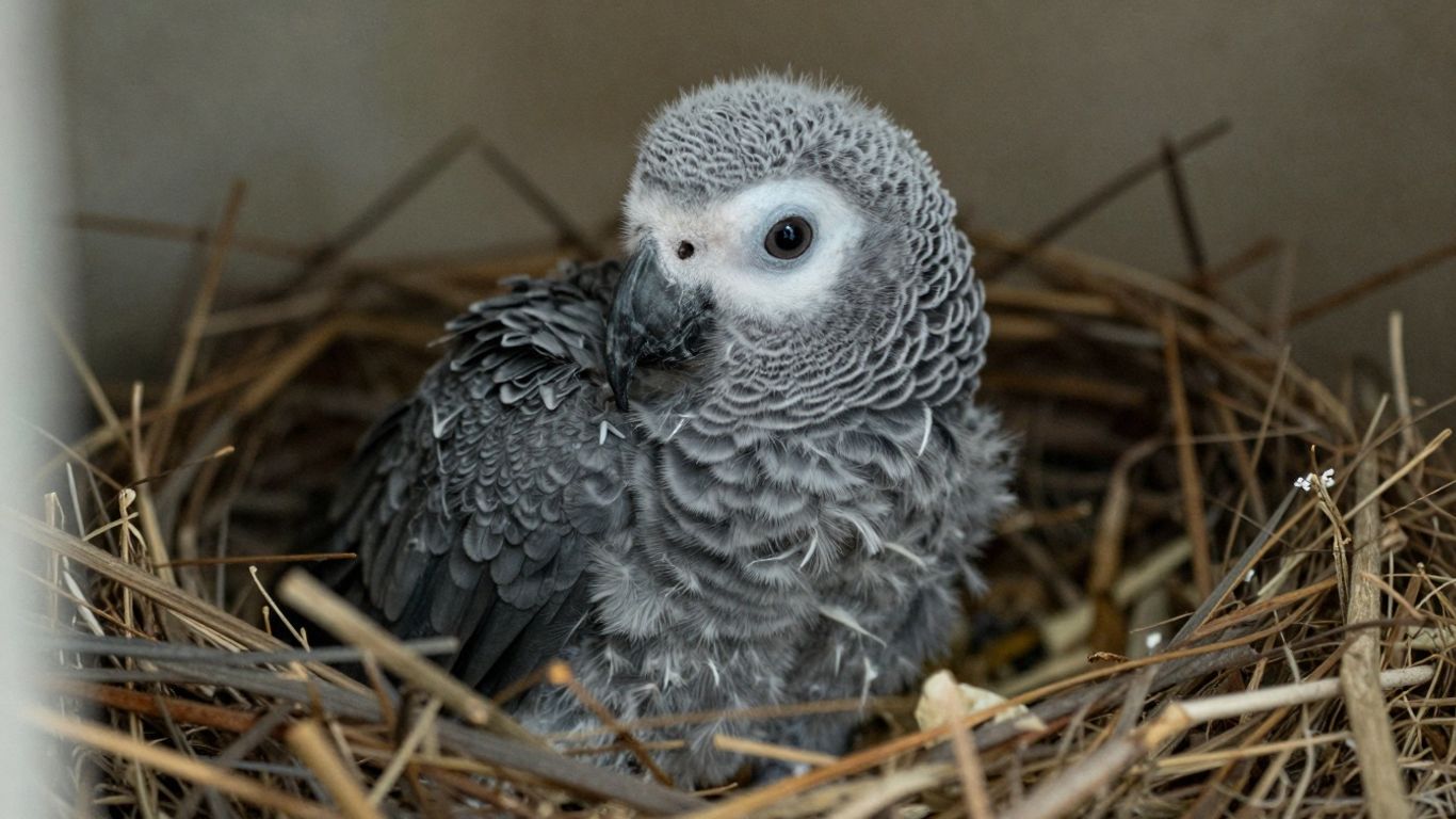 Baby African Grey parrot in a nest.