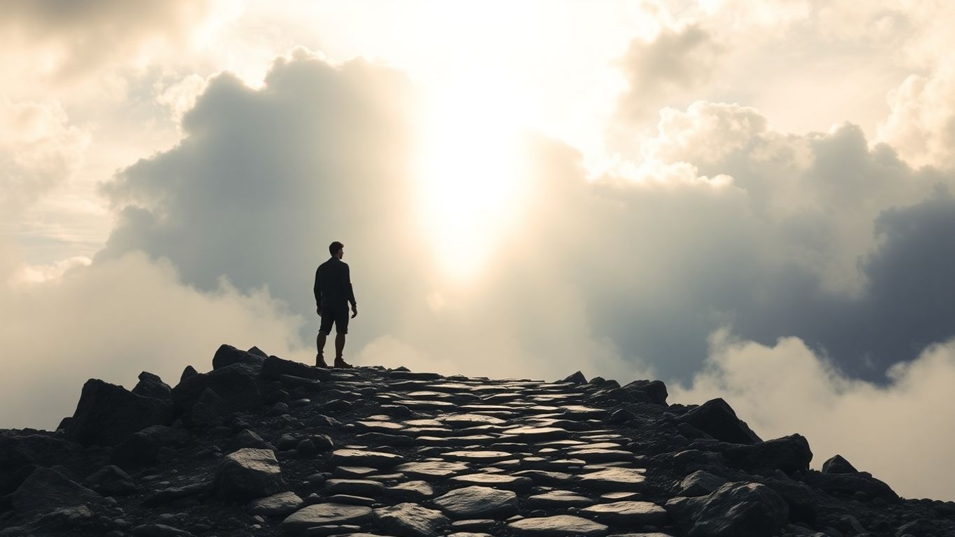 Figura solitária em caminho rochoso rumo à luz divina.