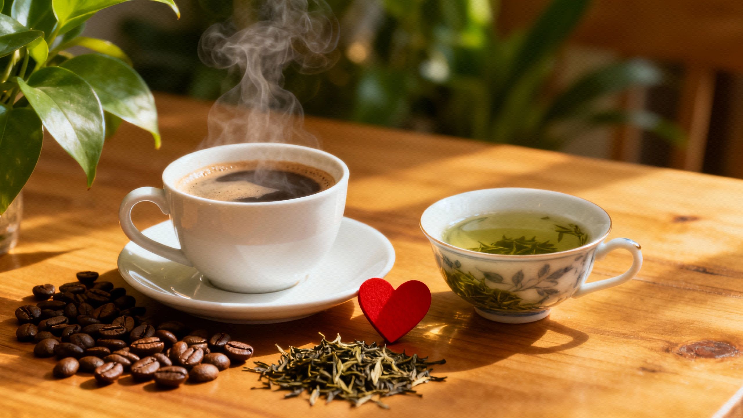 Coffee and tea cups with heart symbol between them.