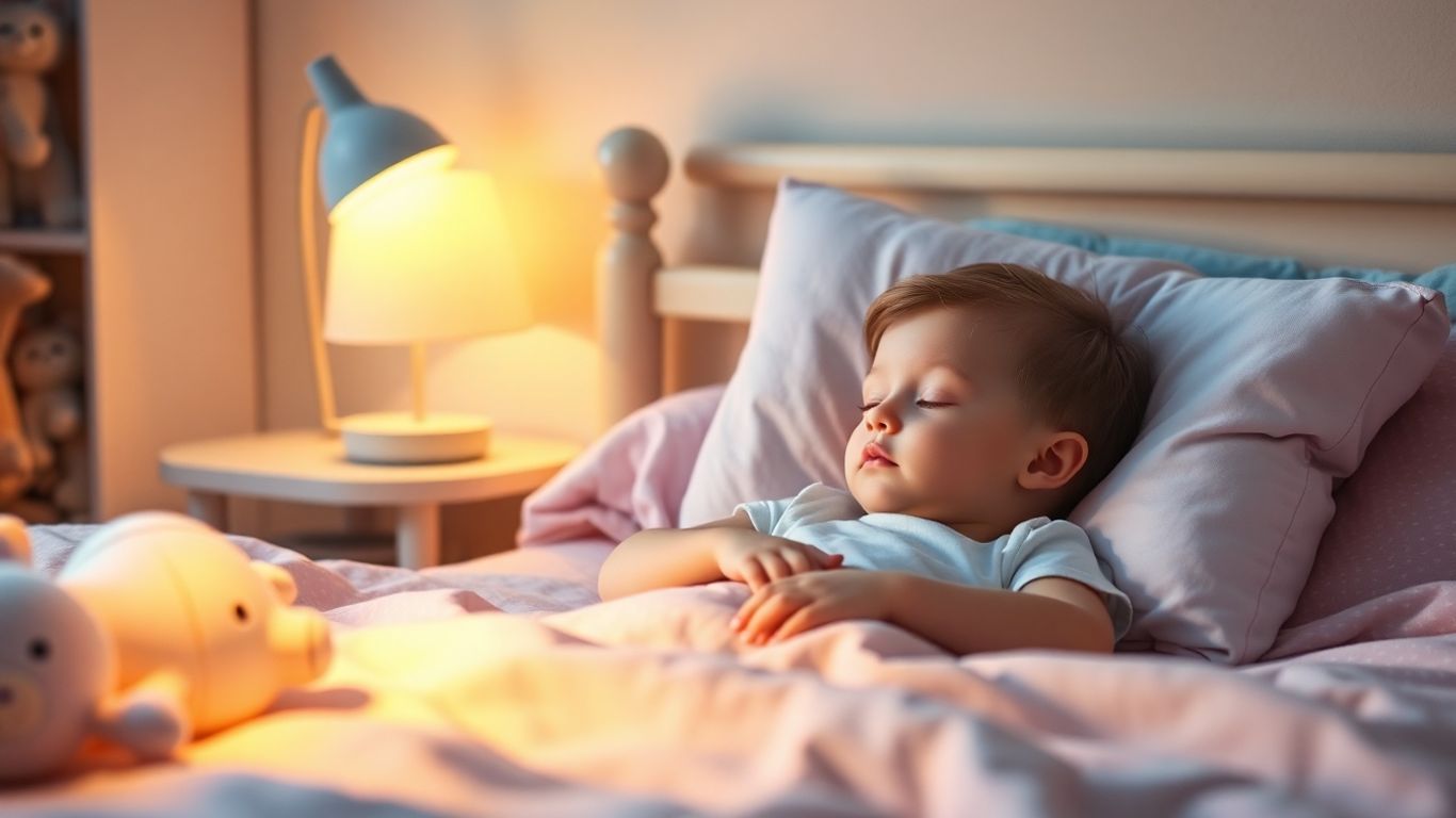 Copil dormind liniștit în pat, într-o cameră luminoasă.