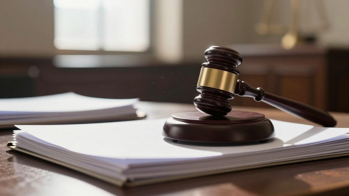 Gavel on legal documents, courthouse background.