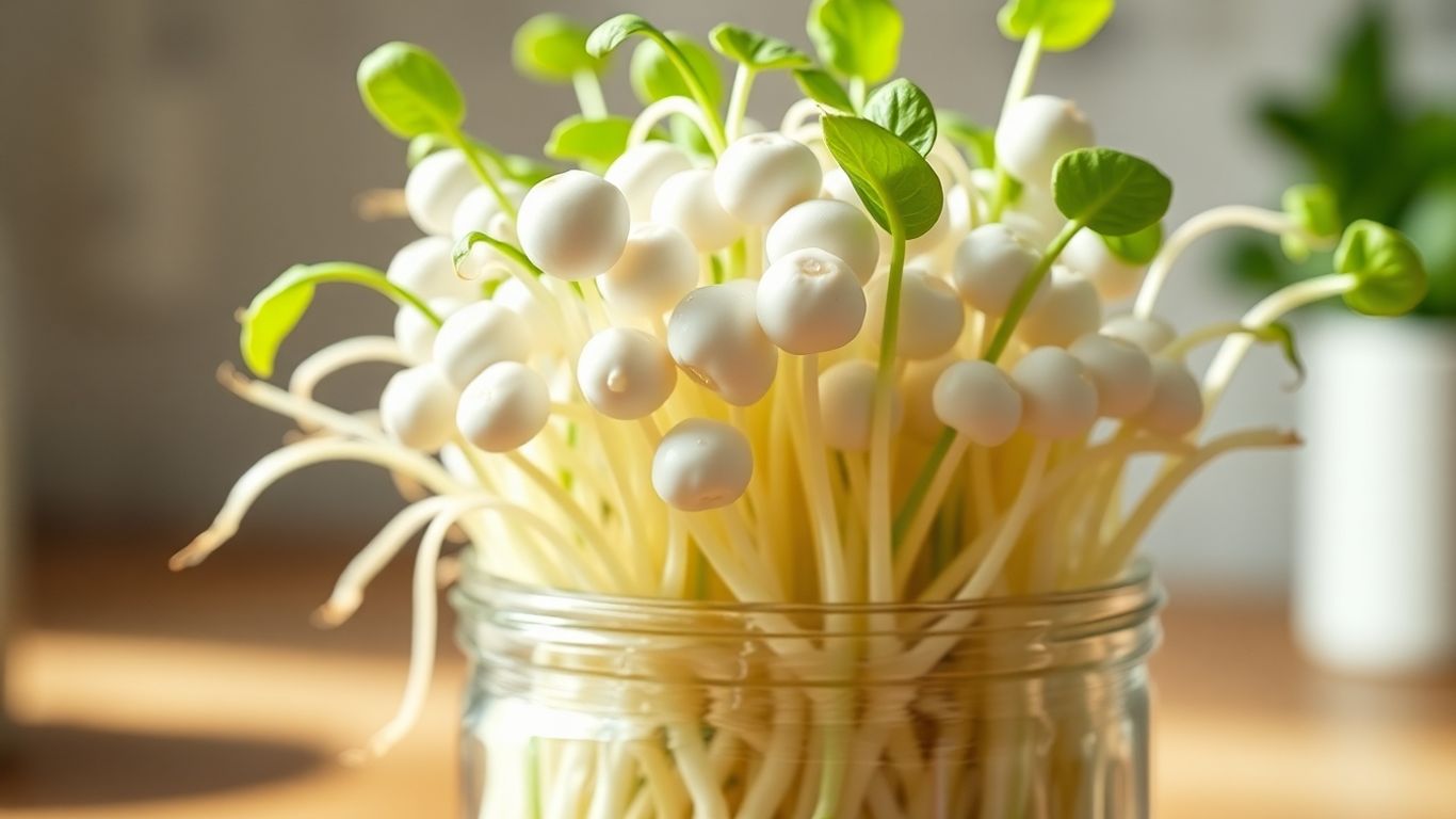 Fresh bean sprouts growing in a glass jar.