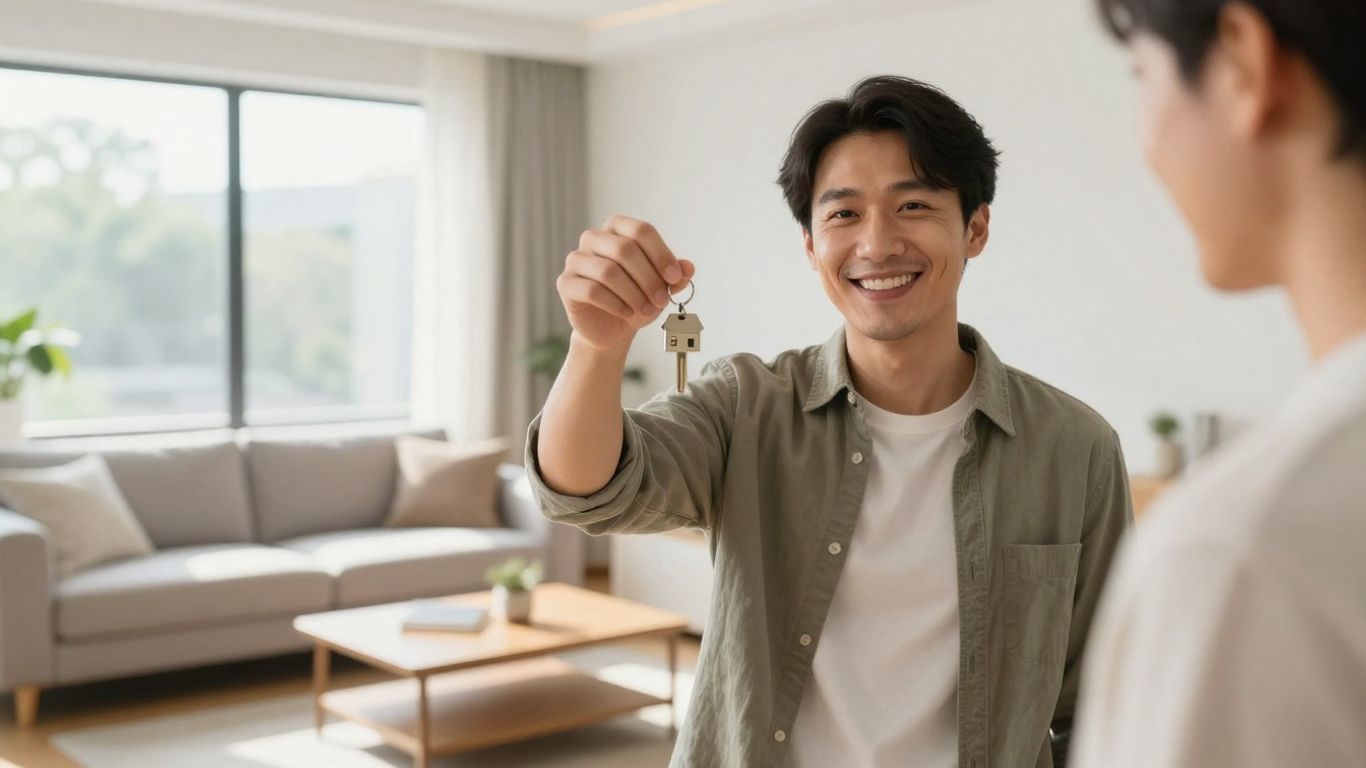 Persona sonriendo con llaves de casa y seguro de hogar.
