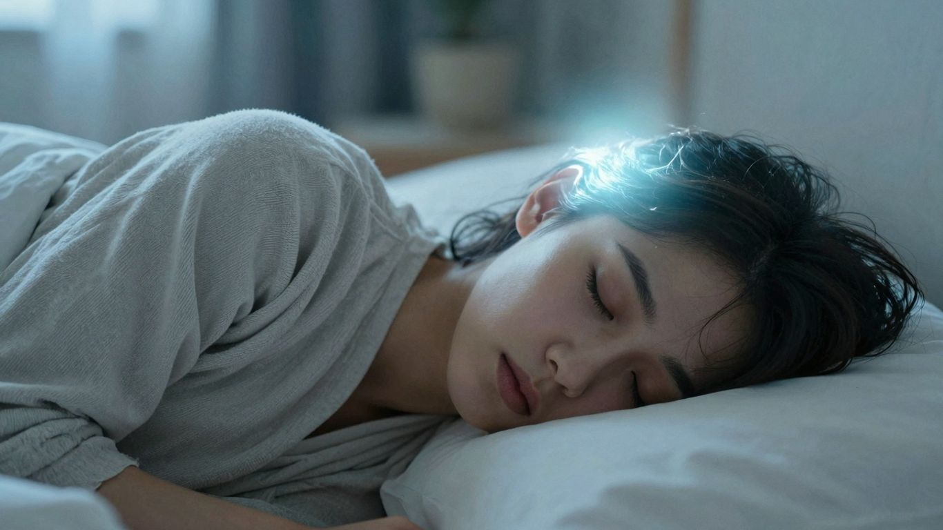 Osoba śpiąca, eteryczna poświata nad głową.