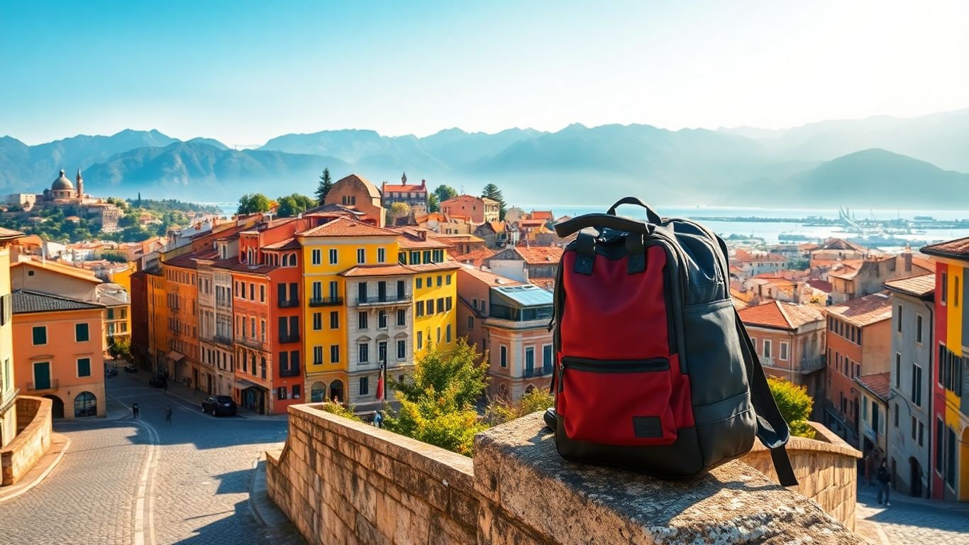 Colorful European cityscape with backpack on stone wall.