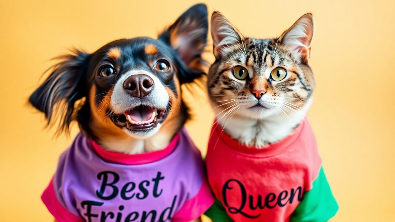 Pets wearing funny and stylish t-shirts.