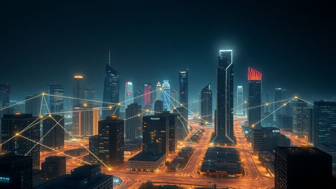 Blockchain technology in a modern cityscape