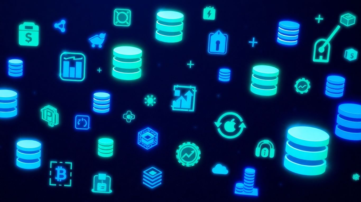 Abstract database icons floating in digital space.