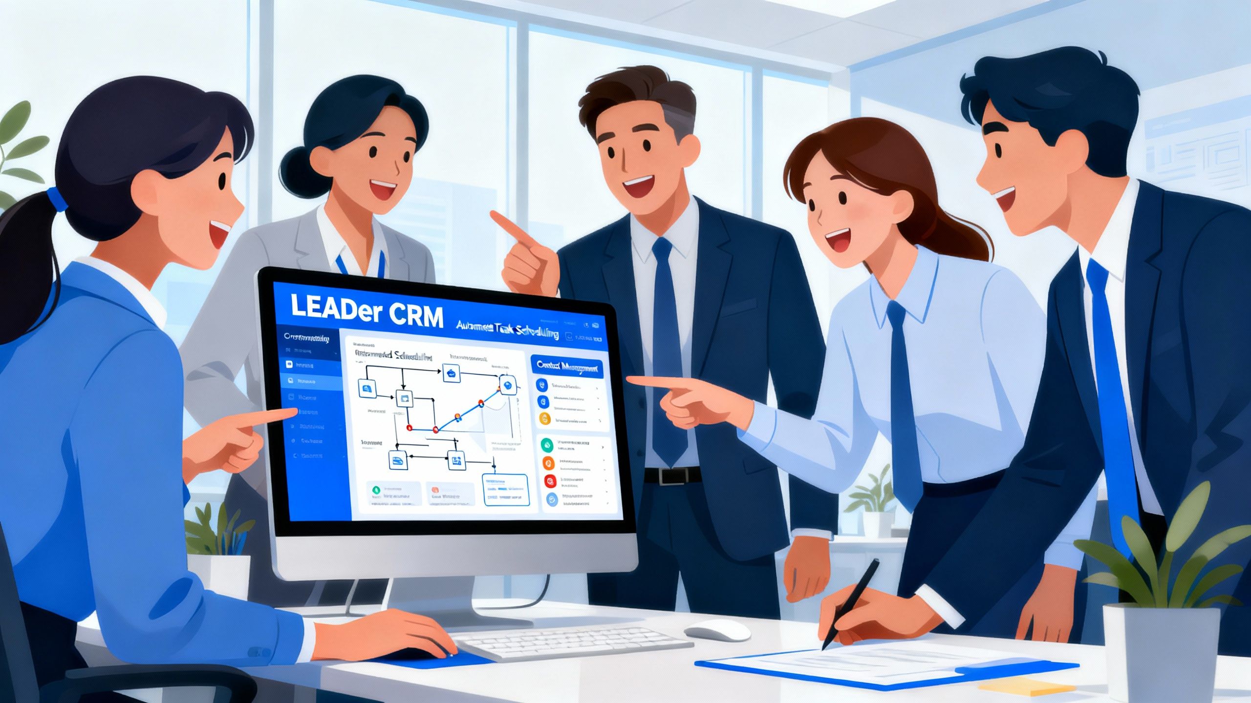 Team collaborating and using LEADer CRM features to automate tasks