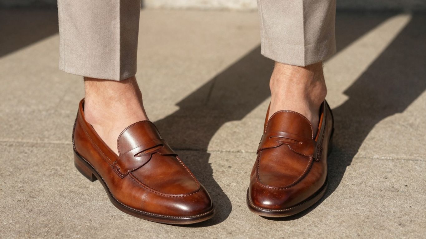 Man wearing brown penny loafers with a suit at a wedding.