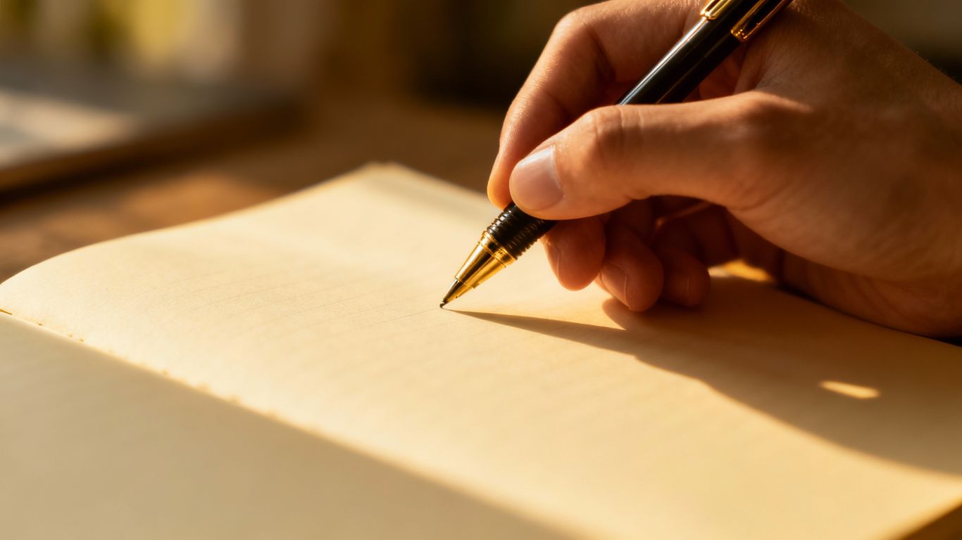 Hand holding pen over notebook, ready to write.