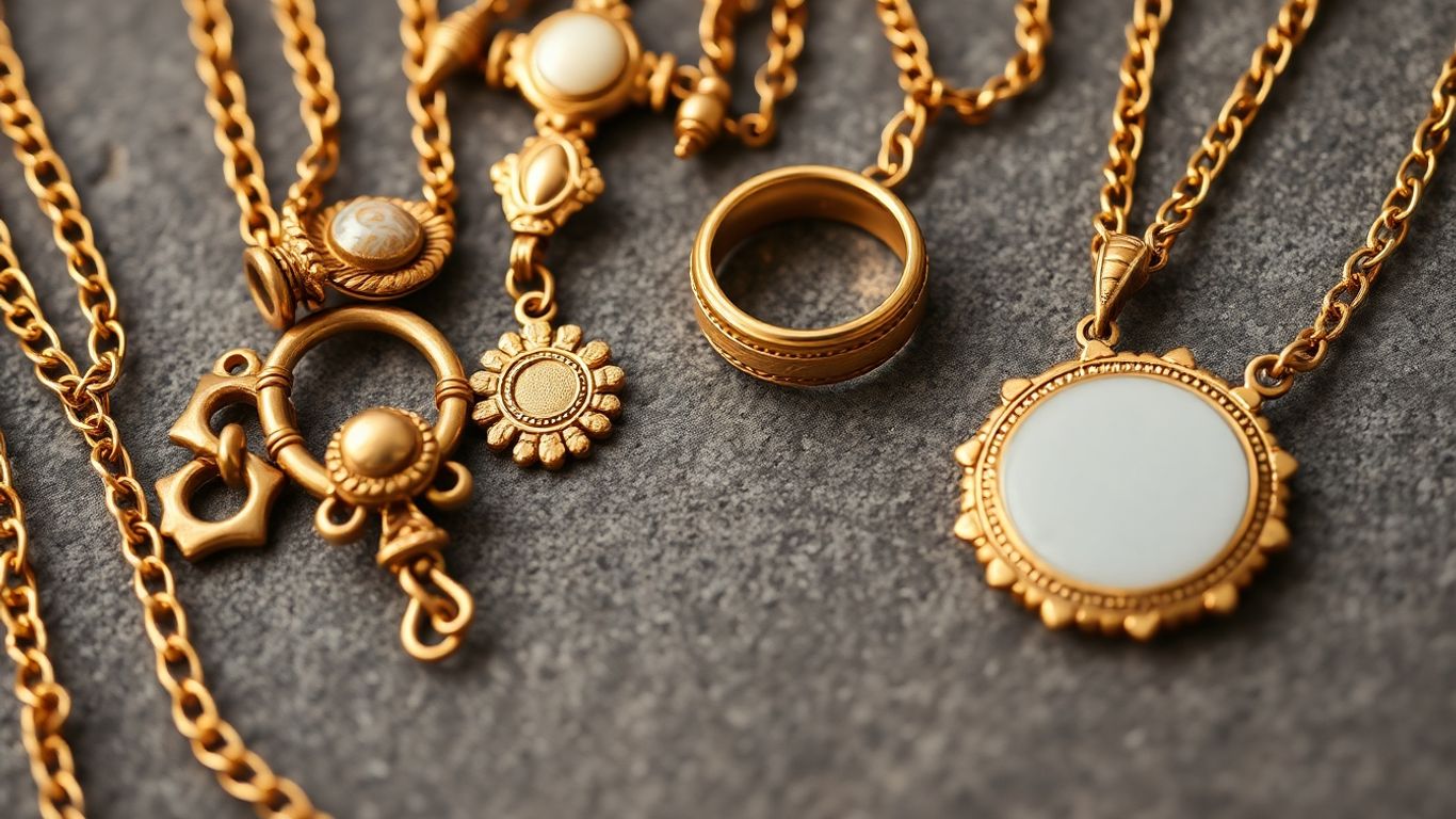 Joyas antiguas bañadas en oro con intrincados detalles.