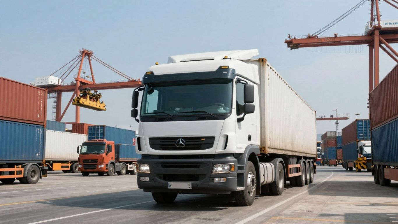 Camion modern transportând mărfuri agabaritice pe un centru logistic global.