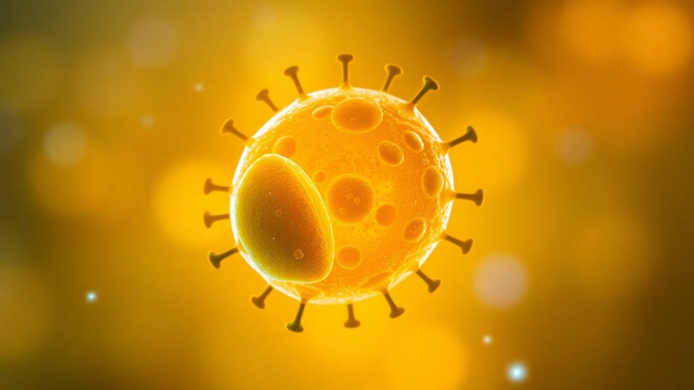Stylized immune cell with glowing particles.