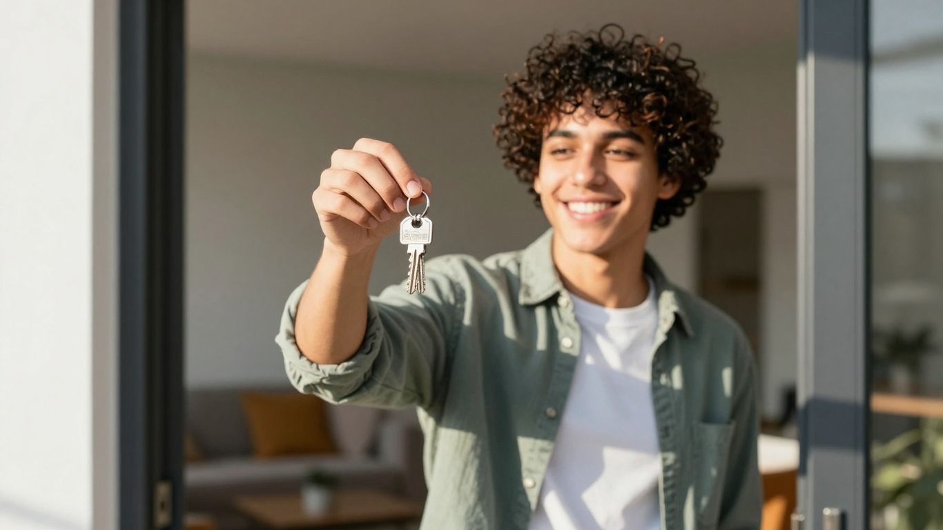 Persona feliz con llaves frente a puerta de apartamento.