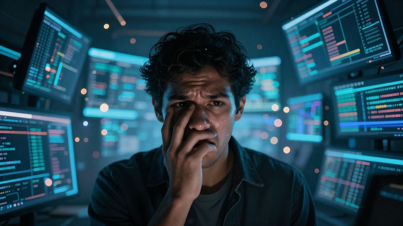 Persoană copleșită de fluxul constant de informații digitale.