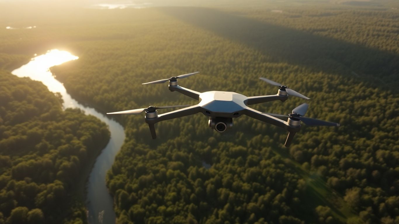 Drone surveying California's green forests and waterways from above.