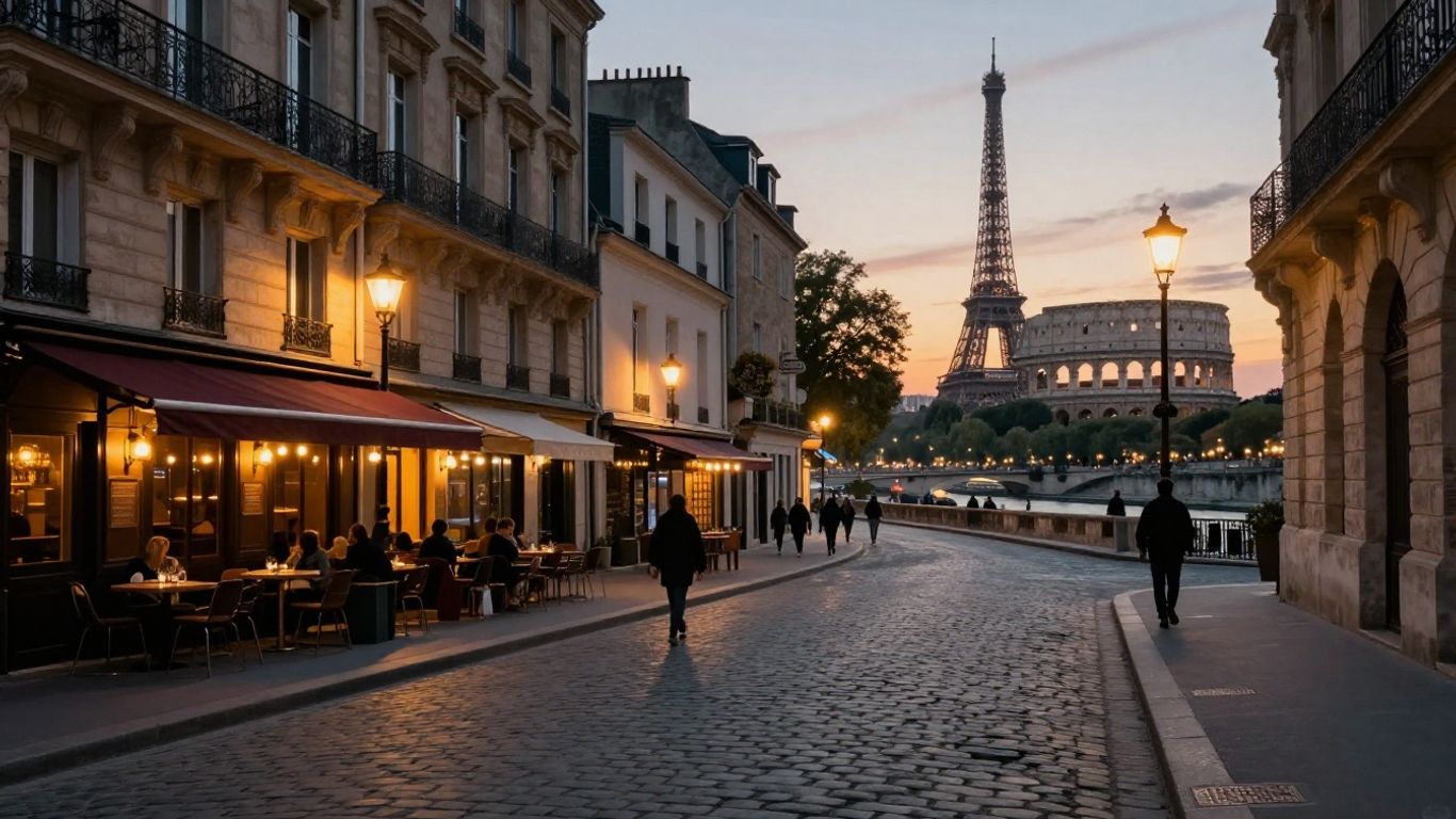 Iconic European landmarks at sunset with cobblestone streets.