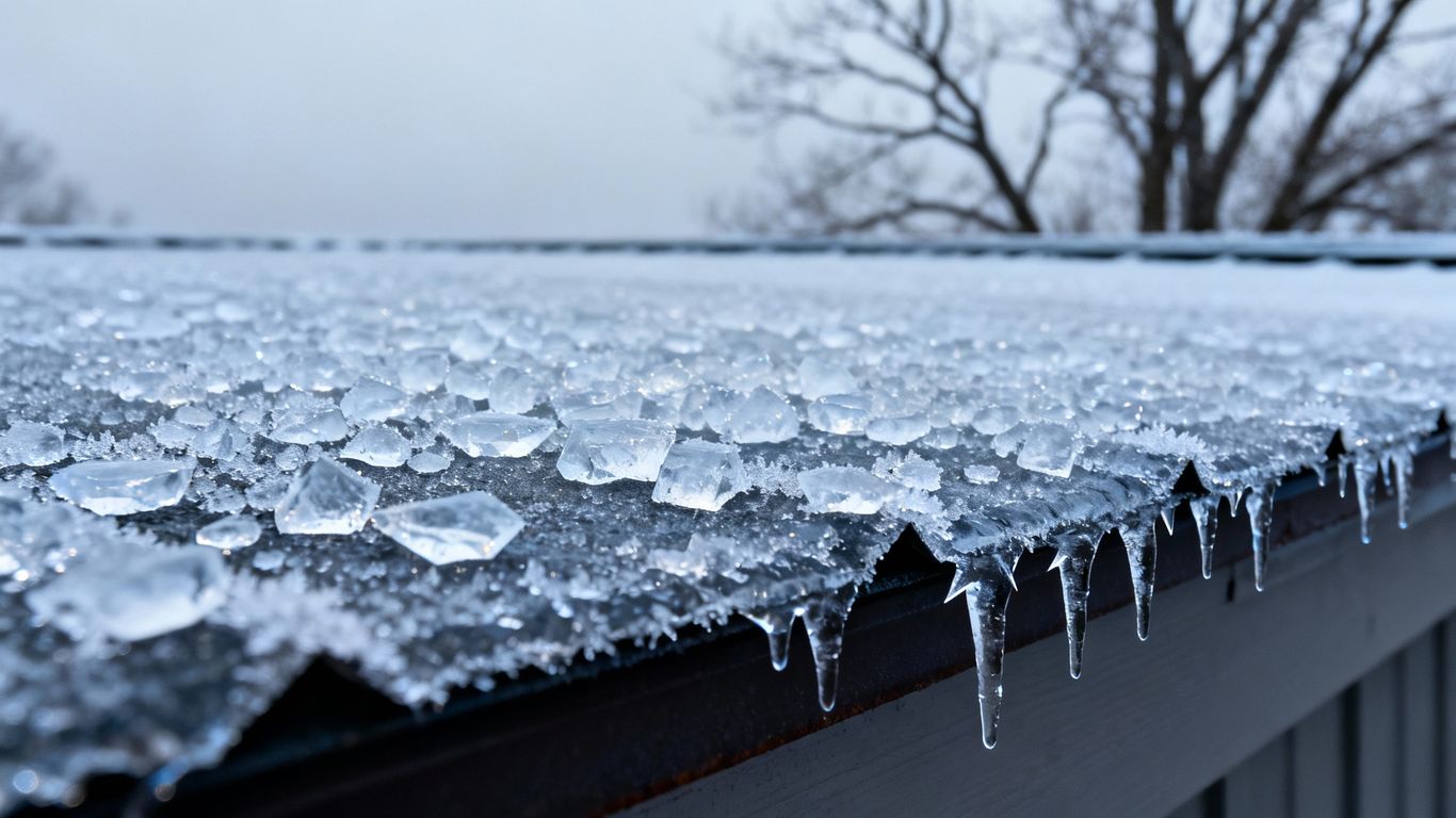 Flat roof covered in frost and icicles during winter.