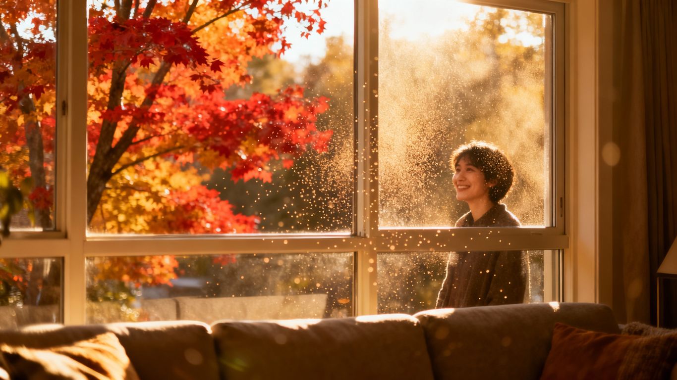 Cozy home interior with autumn view through efficient windows.