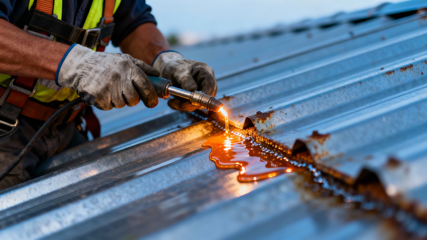 Soldering a seam on a metal roof.
