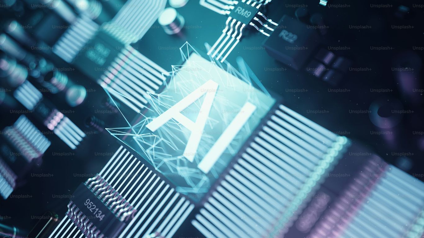 Abstract digital circuit with glowing "AI" symbol in center.